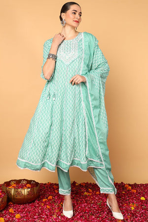 Sea Green Viscose Rayon Ethnic Motifs Printed Flared Suit Set