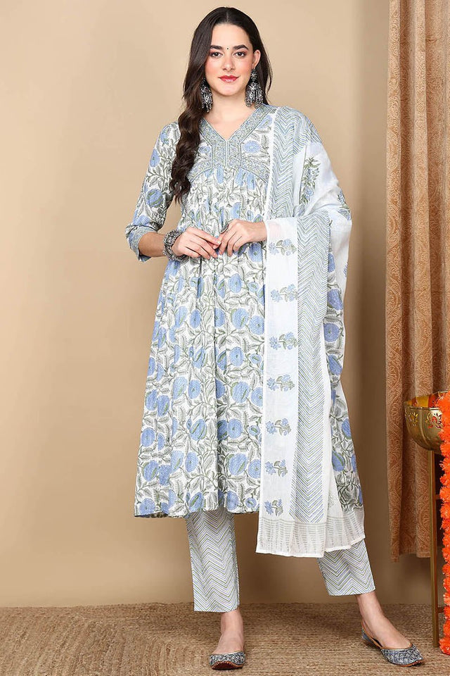 White Cotton Floral Printed Flared Anarkali Suit Set