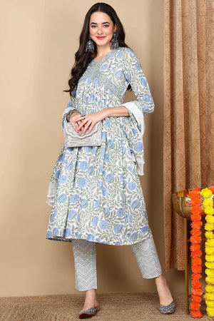 White Cotton Floral Printed Flared Anarkali Suit Set