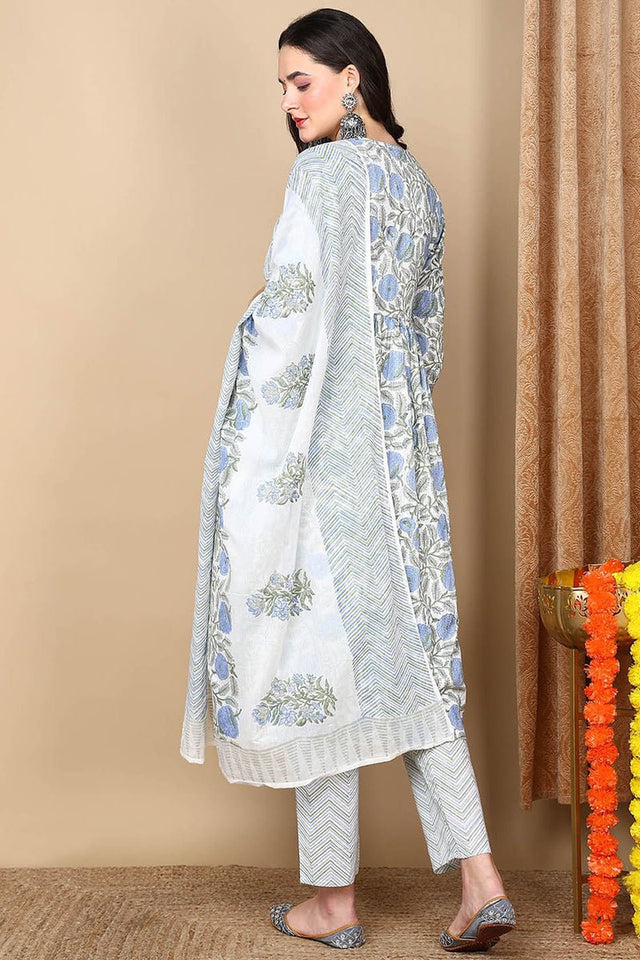 White Cotton Floral Printed Flared Anarkali Suit Set