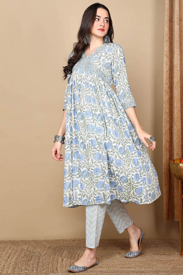 White Cotton Floral Printed Flared Anarkali Suit Set