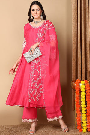 Pink Silk Blend Solid Embroidered Flared Anarkali Suit Set