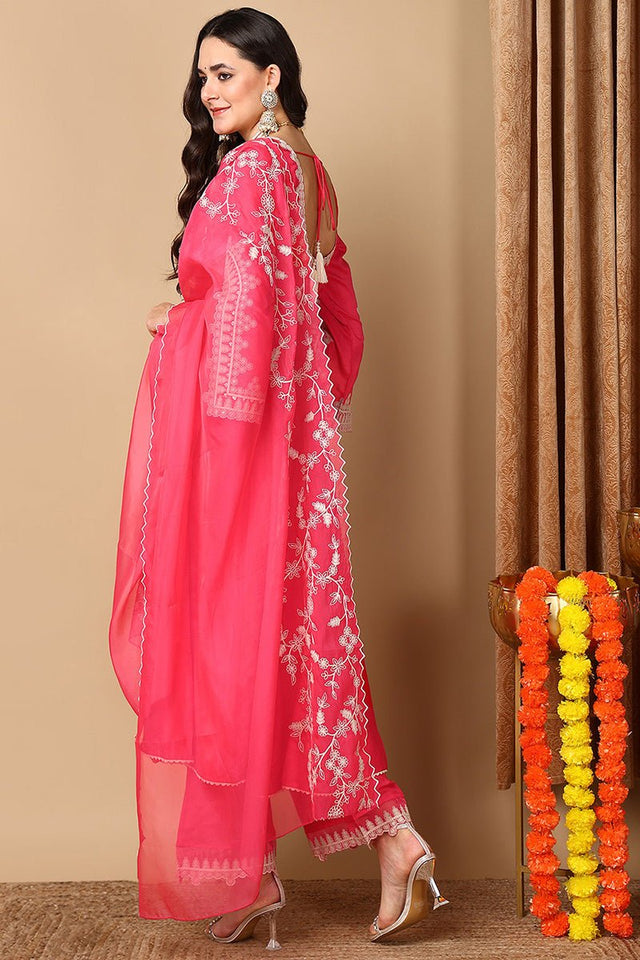 Pink Silk Blend Solid Embroidered Flared Anarkali Suit Set