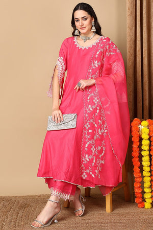 Pink Silk Blend Solid Embroidered Flared Anarkali Suit Set