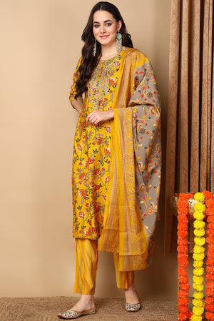 Yellow Silk Blend Floral Printed Straight Cut Style Suit Set
