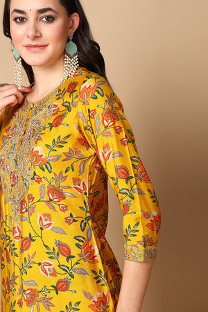 Yellow Silk Blend Floral Printed Straight Cut Style Suit Set