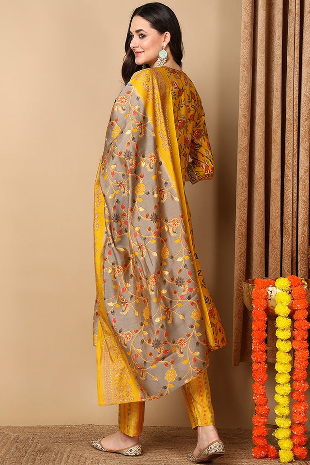 Yellow Silk Blend Floral Printed Straight Cut Style Suit Set
