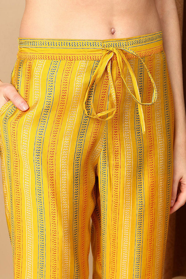 Yellow Silk Blend Floral Printed Straight Cut Style Suit Set