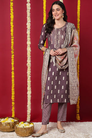 Mauve Silk Blend Ethnic Motifs Embroidered Straight Cut Suit Set