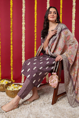 Mauve Silk Blend Ethnic Motifs Embroidered Straight Cut Suit Set
