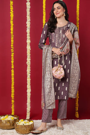 Mauve Silk Blend Ethnic Motifs Embroidered Straight Cut Suit Set