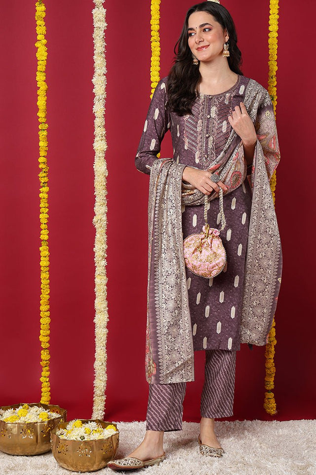 Mauve Silk Blend Ethnic Motifs Embroidered Straight Cut Suit Set