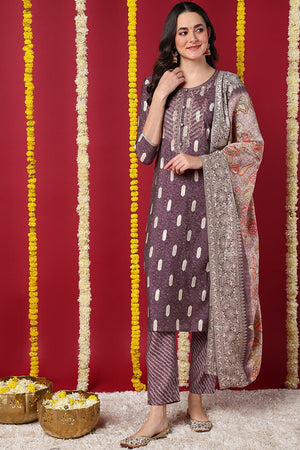Mauve Silk Blend Ethnic Motifs Embroidered Straight Cut Suit Set