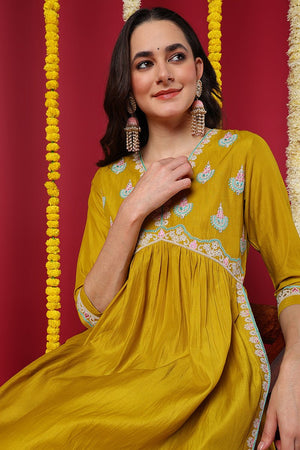 Yellow Silk Blend Solid Embroidered Flared Kurti Set
