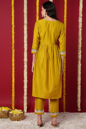 Yellow Silk Blend Solid Embroidered Flared Kurti Set
