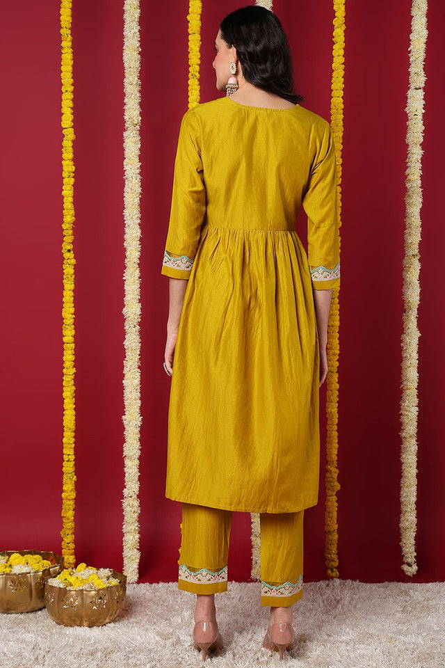 Yellow Silk Blend Solid Embroidered Flared Kurti Set