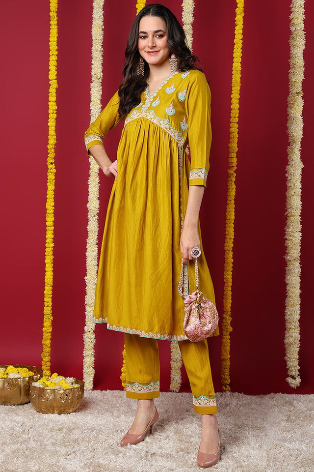 Yellow Silk Blend Solid Embroidered Flared Kurti Set