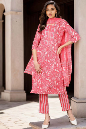 Pink Rayon Blend Floral Printed Straight Cut Suit Set