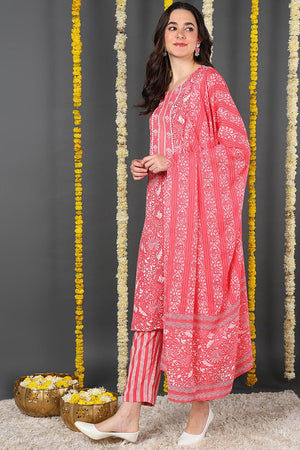 Pink Rayon Blend Floral Printed Straight Cut Suit Set