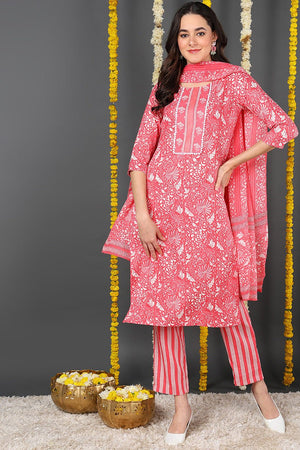 Pink Rayon Blend Floral Printed Straight Cut Suit Set