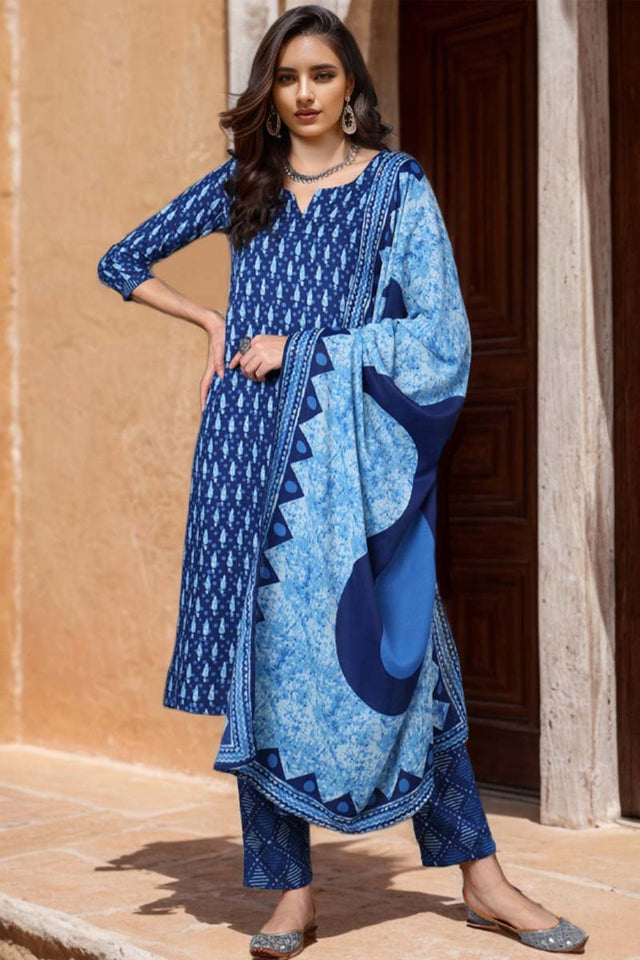 Blue Rayon Blend Ethnic Motifs Printed Straight Cut Suit Set