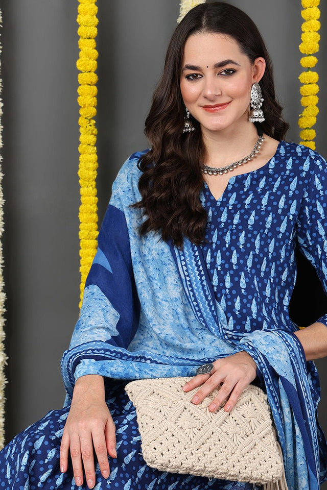 Blue Rayon Blend Ethnic Motifs Printed Straight Cut Suit Set