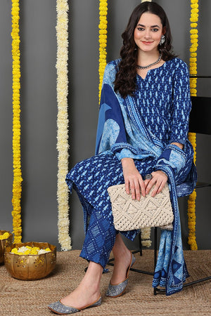 Blue Rayon Blend Ethnic Motifs Printed Straight Cut Suit Set