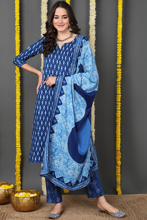 Blue Rayon Blend Ethnic Motifs Printed Straight Cut Suit Set