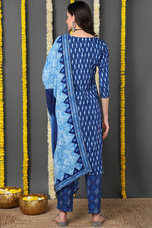 Blue Rayon Blend Ethnic Motifs Printed Straight Cut Suit Set