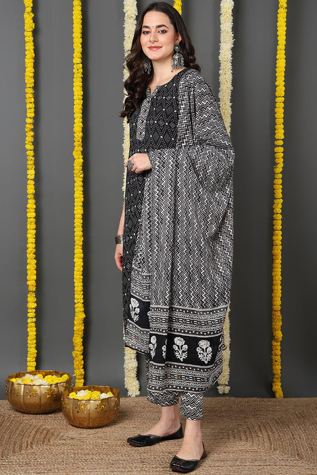 Black Rayon Blend Geometric Printed Straight Cut Suit Set