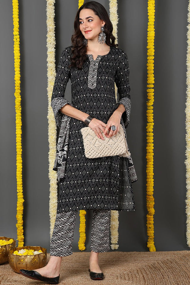 Black Rayon Blend Geometric Printed Straight Cut Suit Set
