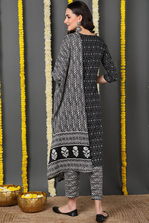 Black Rayon Blend Geometric Printed Straight Cut Suit Set