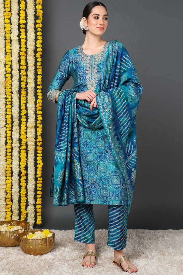 Teal Silk Blend Ethnic Motifs Printed Straight Cut Suit Set