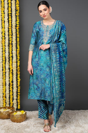 Teal Silk Blend Ethnic Motifs Printed Straight Cut Suit Set