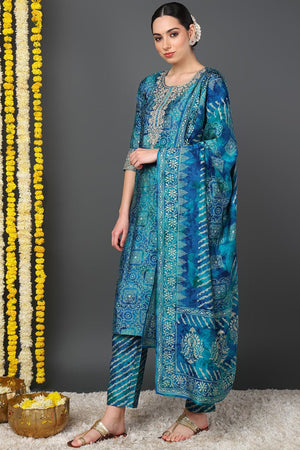 Teal Silk Blend Ethnic Motifs Printed Straight Cut Suit Set