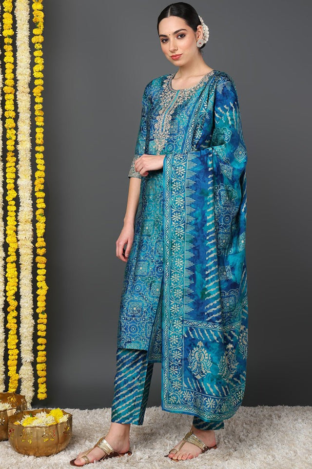 Teal Silk Blend Ethnic Motifs Printed Straight Cut Suit Set
