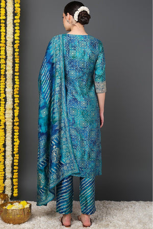 Teal Silk Blend Ethnic Motifs Printed Straight Cut Suit Set
