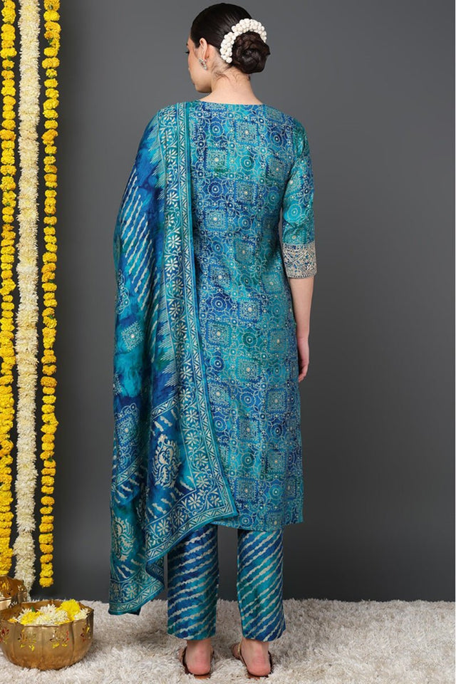 Teal Silk Blend Ethnic Motifs Printed Straight Cut Suit Set