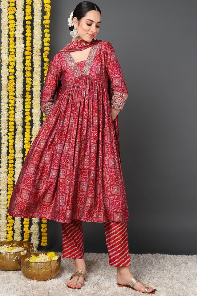 Maroon Silk Blend Ethnic Motifs Printed Flared Anarkali Suit Set