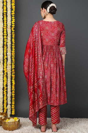 Maroon Silk Blend Ethnic Motifs Printed Flared Anarkali Suit Set
