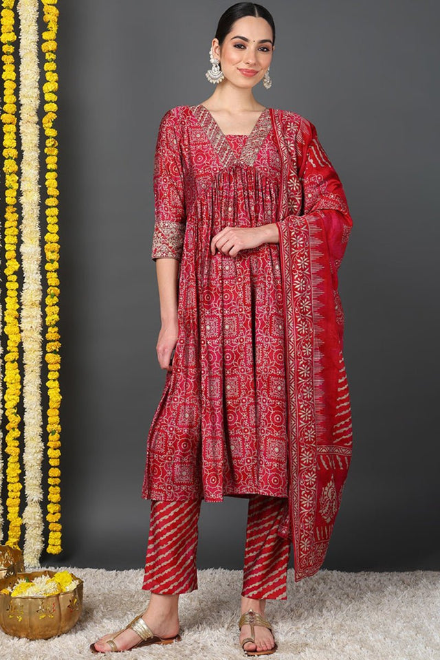 Maroon Silk Blend Ethnic Motifs Printed Flared Anarkali Suit Set