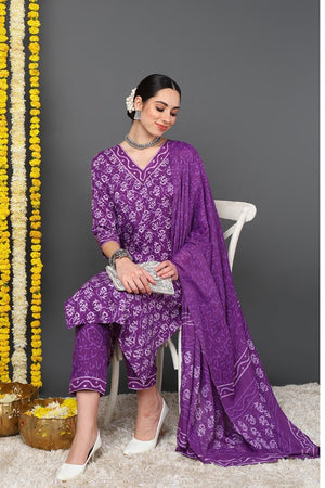 Violet Rayon Blend Ethnic Motifs Printed Straight Cut Suit Set