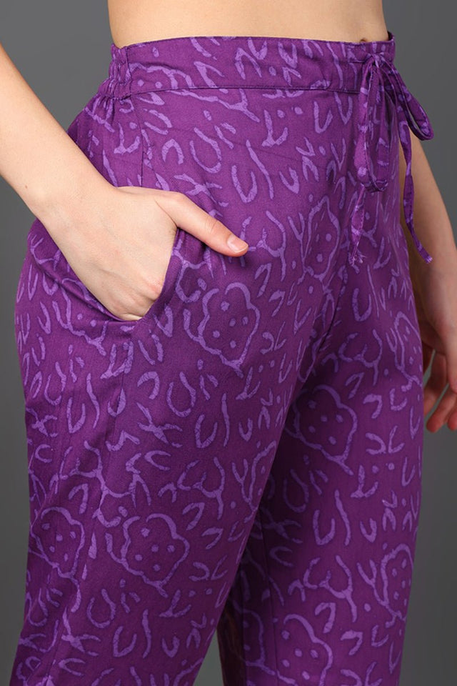 Violet Rayon Blend Ethnic Motifs Printed Straight Cut Suit Set