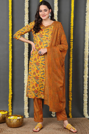 Yellow Viscose Rayon Floral Printed Straight Cut Suit Set