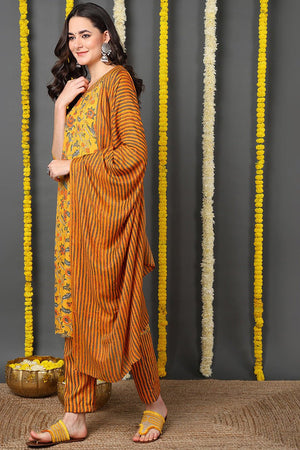 Yellow Viscose Rayon Floral Printed Straight Cut Suit Set