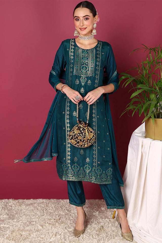 Teal Silk Blend Ethnic Motifs Woven Design Straight Cut Suit Set