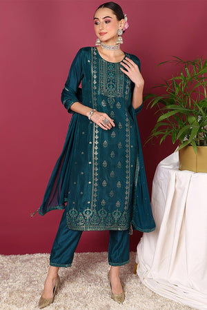 Teal Silk Blend Ethnic Motifs Woven Design Straight Cut Suit Set