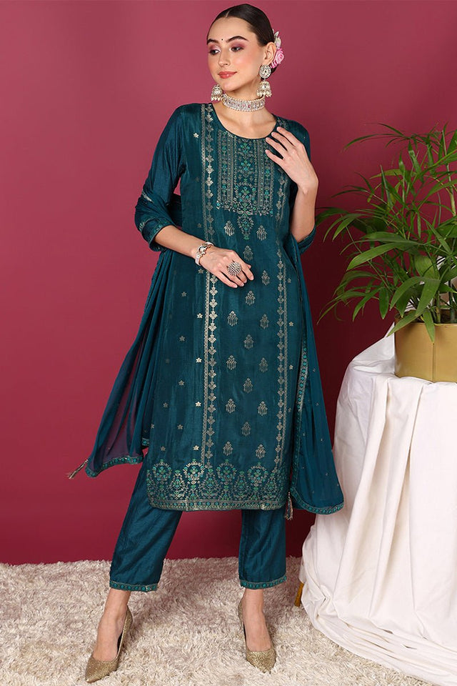 Teal Silk Blend Ethnic Motifs Woven Design Straight Cut Suit Set