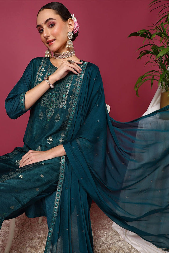 Teal Silk Blend Ethnic Motifs Woven Design Straight Cut Suit Set