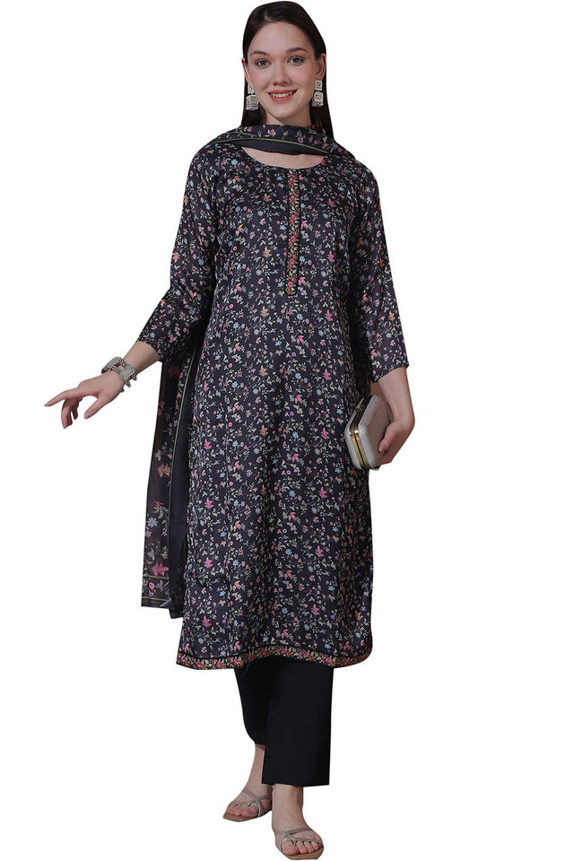 Black Satin Digital Printed Dress Material (SL-4254)